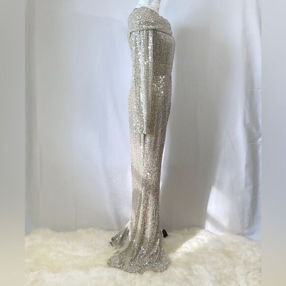 Mac Duggal Ieena Sequin One-Shoulder Long-Sleeve Jumpsuit size 8 - Picture 8 of 11